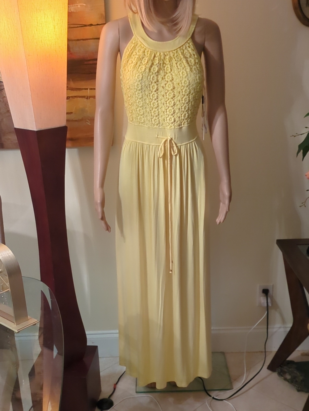 Calvin Klein Yellow Floral Lace Halter Maxi Dress Size 8
